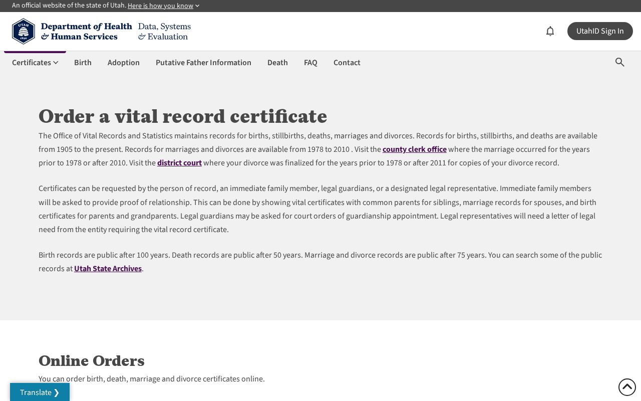 St. George vital record certificate ordering options from Utah