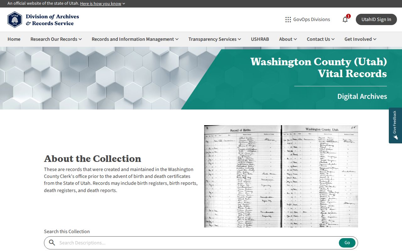 Historical St. George records in Washington County birth and death registers